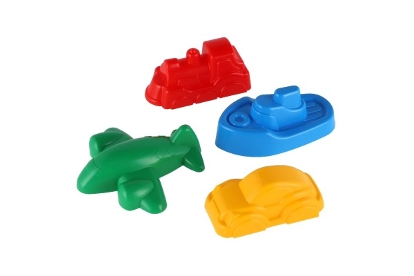 Moules Gâteaux de Sable 4pcs plastique véhicules dans un filet 12m+