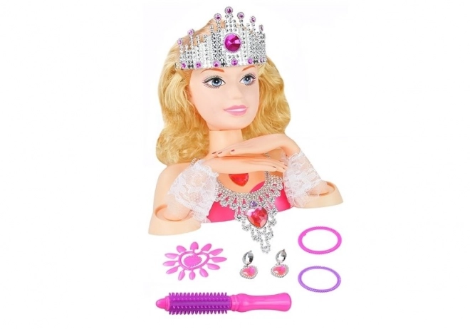 Tête de poupée stylée avec couronne + accessoires