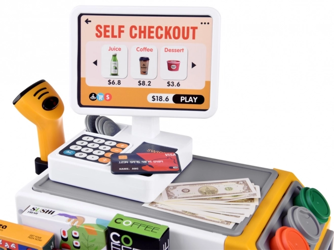 Magasin libre-service avec machine à café et réfrigérateur