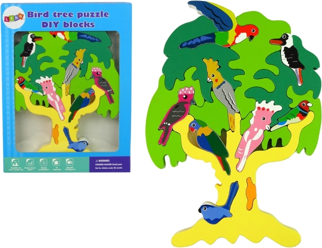 Puzzle en bois en forme d’arbre avec perroquets