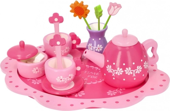 Service à thé en bois à motif floral pour enfants