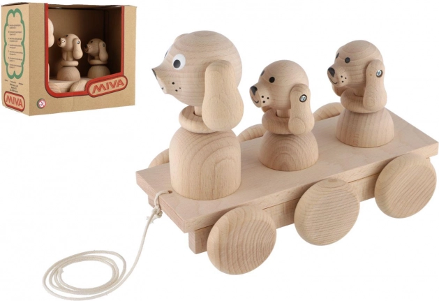 Jouet à tirer en bois trois chiens 22 cm