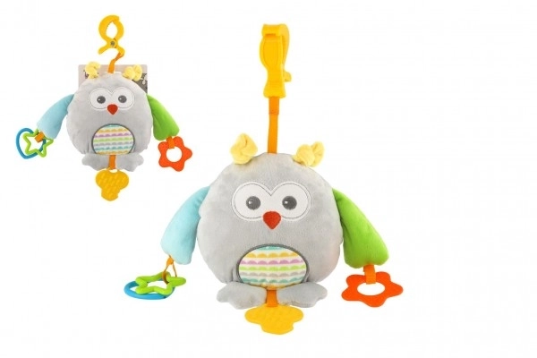 Hibou en peluche pour poussette et lit 18 × 18 cm, avec anneaux de dentition et clip