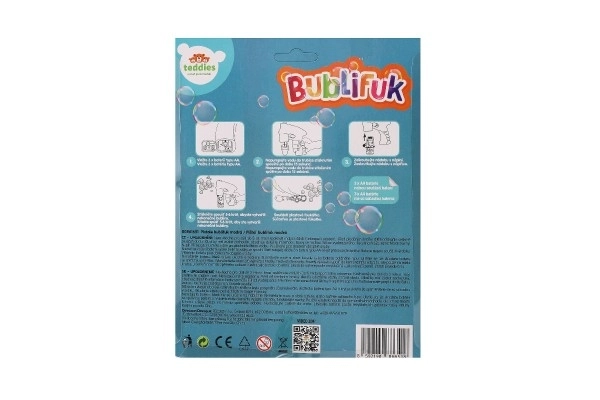 Pistolet à bulles bleu plastique 13cm + recharge à piles sur carte