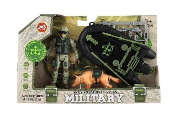 Ensemble militaire plastique bateau, soldat, chien avec accessoires dans boîte 23x14x4cm
