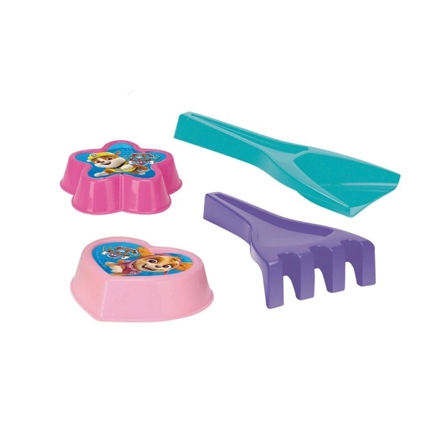 Ensemble de sable 4 pièces plastique pelle, râteau, 2 moules Paw Patrol/Pat’Patrouille 4 couleurs en filet