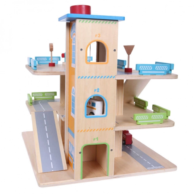 Piste de garage en bois avec ascenseur + petites voitures Ecotoys