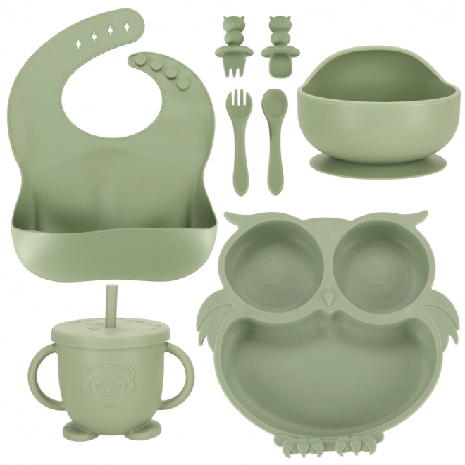 Ensemble vaisselle en silicone pour enfants avec motif hibou en vert militaire