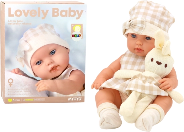Poupée en tissu avec porte-bébé et petit lapin en peluche, carreaux beige 30 cm