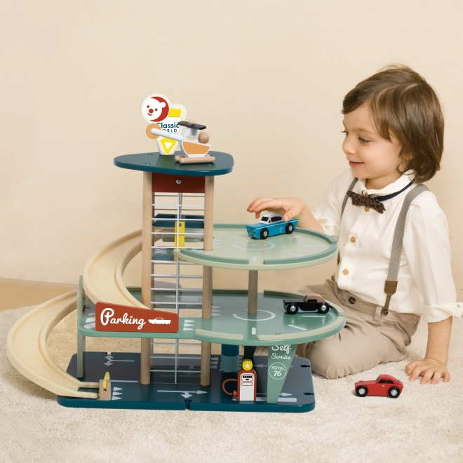 Garage de stationnement avec voitures et hélicoptère