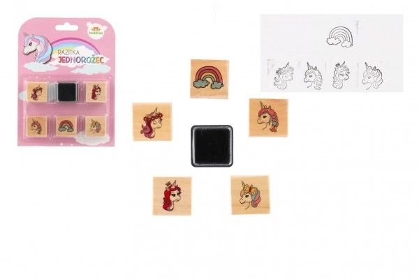 Tampons en bois 5+1 avec coussin 23 licornes 3x3cm sur carte