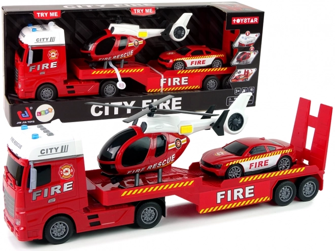 Ensemble de pompiers Camion Camion Hélicoptère Lumières sonores Rouge