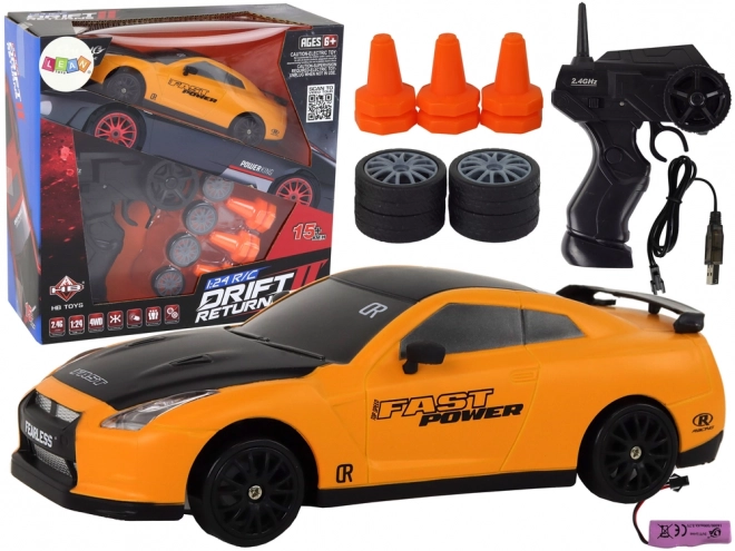 Voiture de sport téléguidée R/C 1:24 avec roues interchangeables – jaune