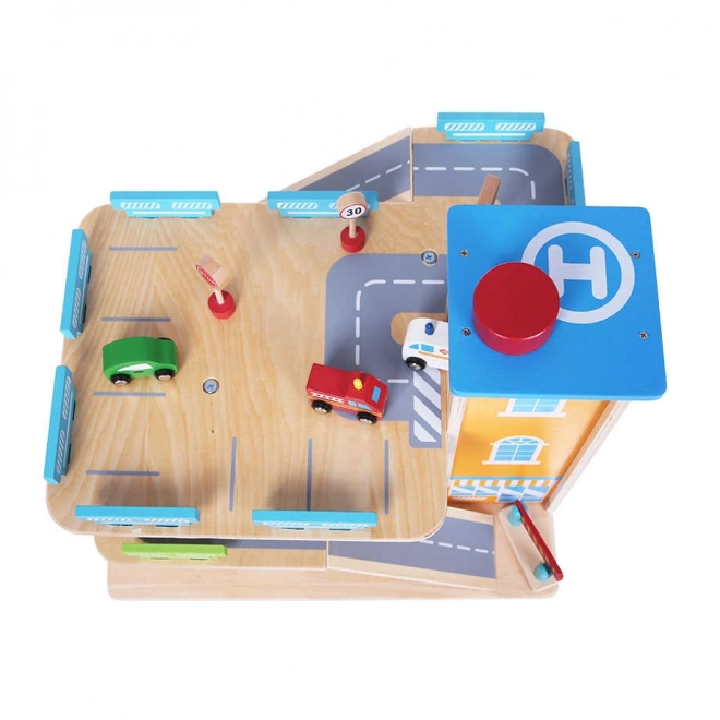 Piste de garage en bois avec ascenseur + petites voitures Ecotoys