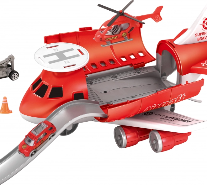 Station d'atterrissage de pompiers avec véhicules et hélicoptère