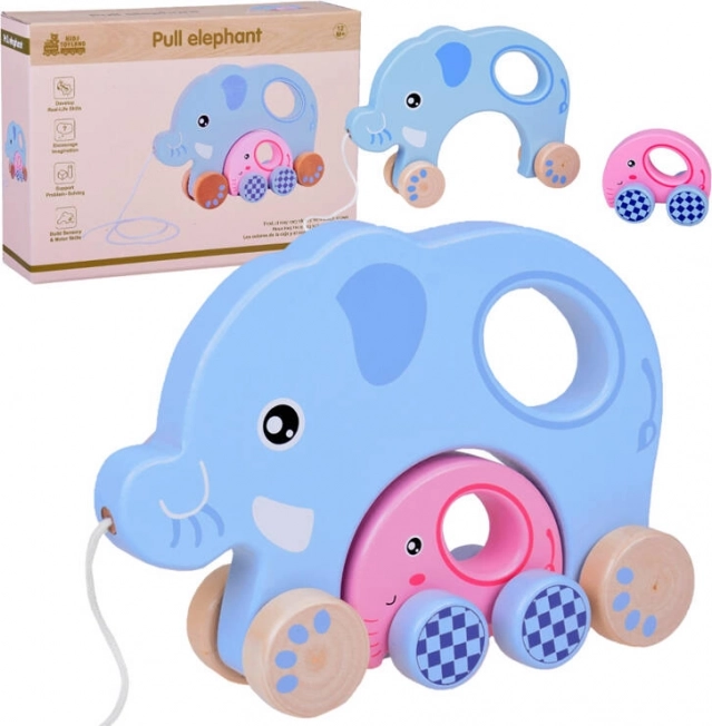 Éléphant en bois à tirer 2-en-1 – petite famille pour les premiers pas