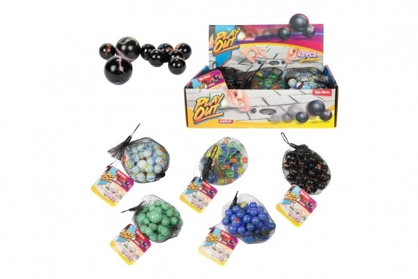 Billes en verre de différentes tailles 40 pcs mélange de couleurs dans un filet 12 pcs en boîte