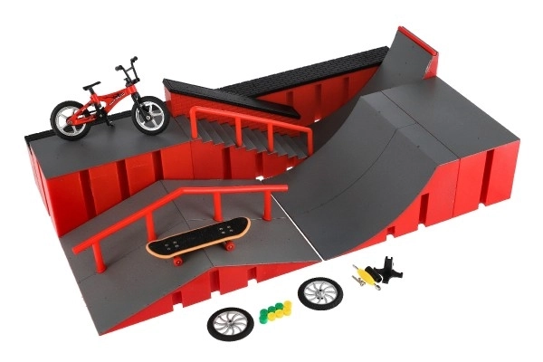Skatepark - rampe, vélo à doigts, skateboard à doigts en plastique avec accessoires 2 couleurs dans une boîte 43x25x12cm
