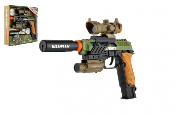 Pistolet avec accessoires en plastique à piles avec son et lumière en boîte 25x23x5cm