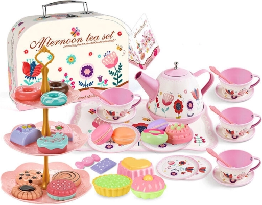 Service à thé en valisette avec tasses, assiettes et petits gâteaux