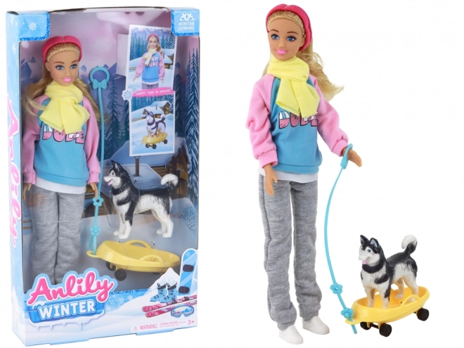 Poupée Anlily avec Chien Husky et Luge Édition Hiver