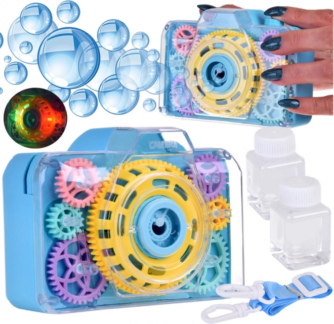 Appareil photo à bulles pour enfants avec engrenages visibles et effets lumineux – Bleu