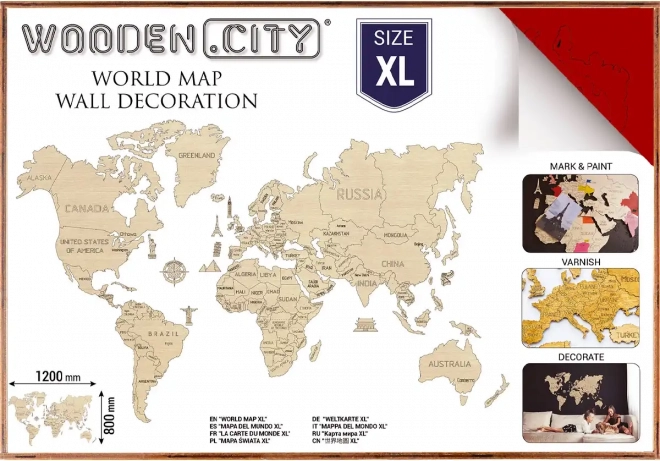 Carte du monde en bois XL 120 × 80 cm rouge WOODEN CITY