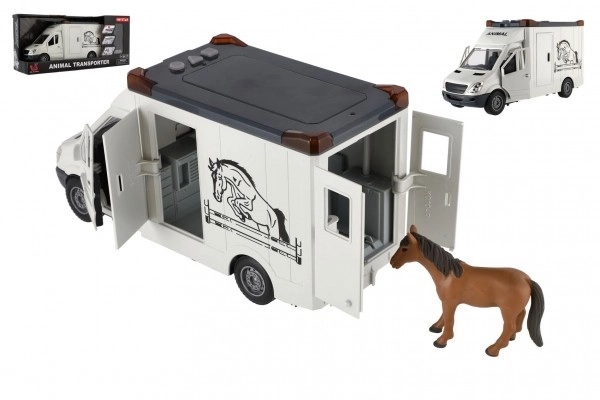 Transporteur d'animaux en plastique 28 cm avec chevaux à inertie avec lumière et son gris dans une boîte 39x18 cm
