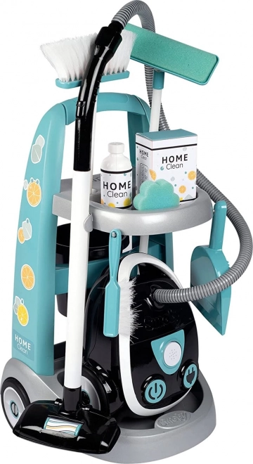 Chariot de nettoyage turquoise-blanc avec aspirateur pour petite femme de ménage