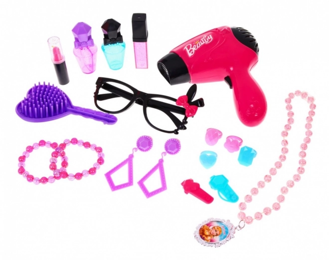 Coiffeuse rose avec miroir et tabouret + accessoires de coiffure et sèche-cheveux