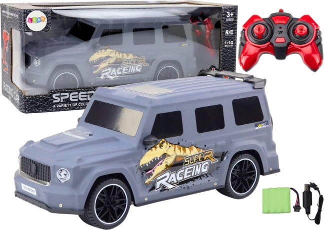 Voiture RC avec motif dinosaure 1:10, grise