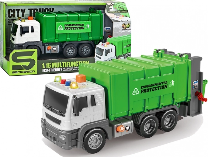 Camion-benne à friction avec effets sonores, vert 1:16 – apprentissage du tri des déchets
