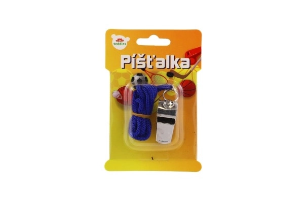 Sifflet avec cordelette métal/tissu 5 cm sur carte