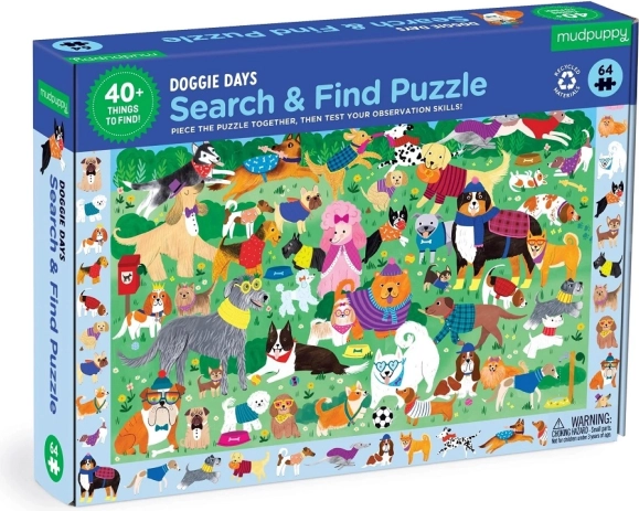 Puzzle Mudpuppy Assemble et cherche : Journée des chiens, 64 pièces