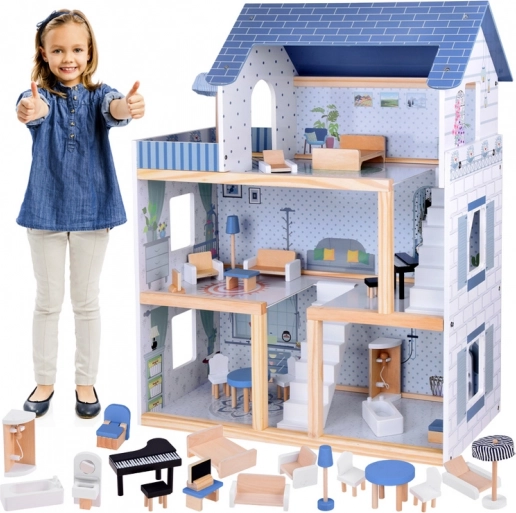 Maison de poupées en bois bleue + mobilier 3 étages ZA5273