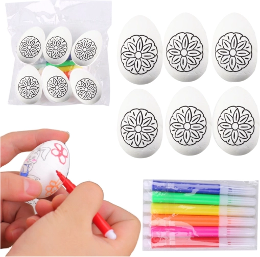 Œufs de Pâques en polystyrène à peindre avec motif fleur, 6 pièces avec feutres