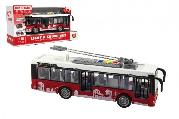 Autobus/trolleybus en plastique 28cm à inertie avec lumière et son dans une boîte 32x17x11cm