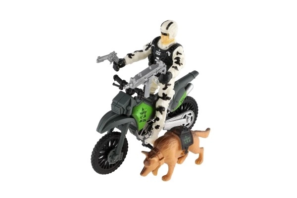 Ensemble militaire en plastique avec moto, soldat, chien et accessoires dans une boîte 23x14x4cm