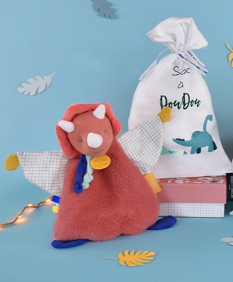 Set cadeau doudou - jouet avec attache-tétine dinosaure rose
