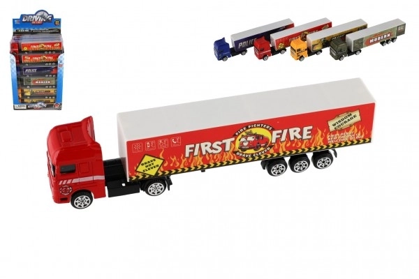 Camion avec remorque métal/plastique 20cm à mouvement libre assortiment de types en boîte plastique 20x5x3cm