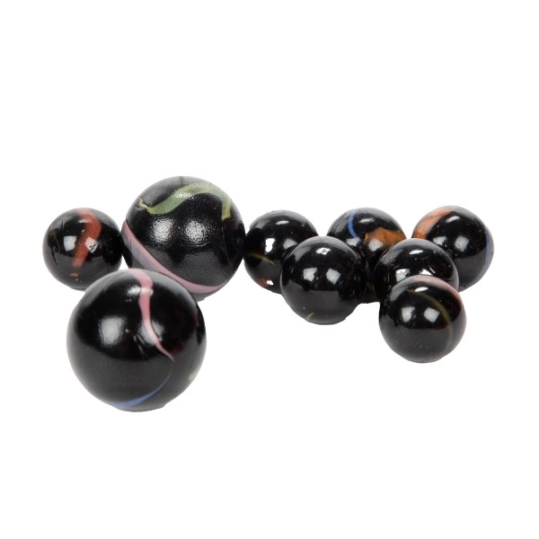 Billes en verre de différentes tailles 40 pcs mélange de couleurs dans un filet 12 pcs en boîte
