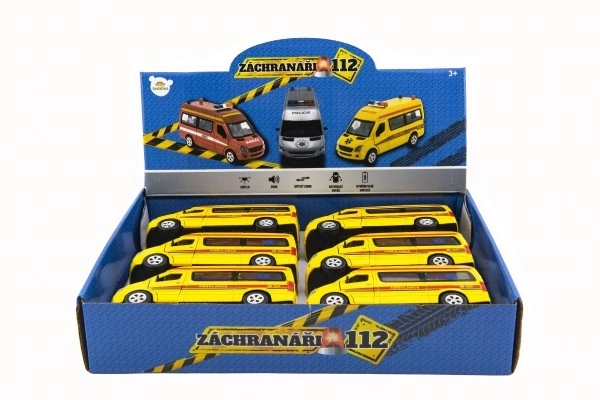 Auto ambulance métal/plastique 15cm à piles avec lumière et son à remontage arrière 6pcs en boîte