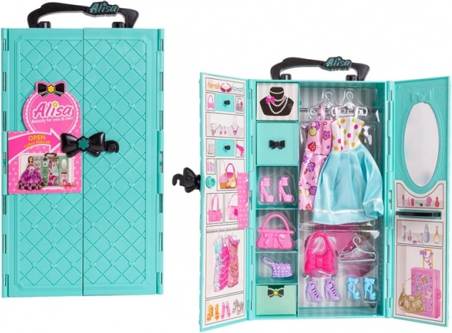 Armoire bleue pour poupées avec vêtements et accessoires
