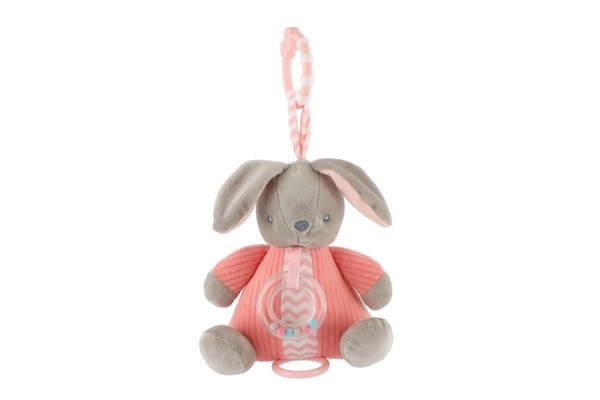 Lièvre musical à remonter avec hochet en peluche 18x20cm rose sur carte en sachet 0+