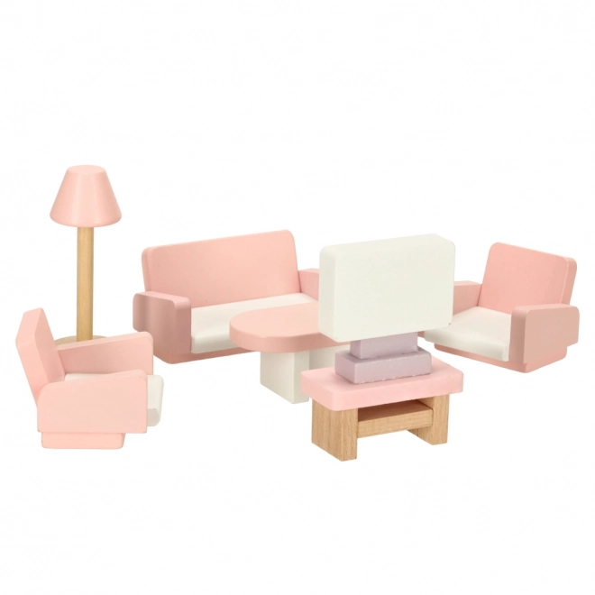 Meubles en bois pour maison de poupées - salon, chambre à coucher, salle de bain, cuisine rose