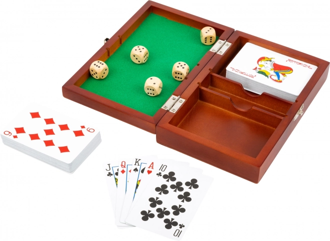 Petite boîte en bois avec dés et cartes