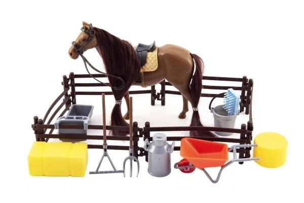Cheval brun en plastique avec accessoires et enclos dans une boîte 34x25x5cm