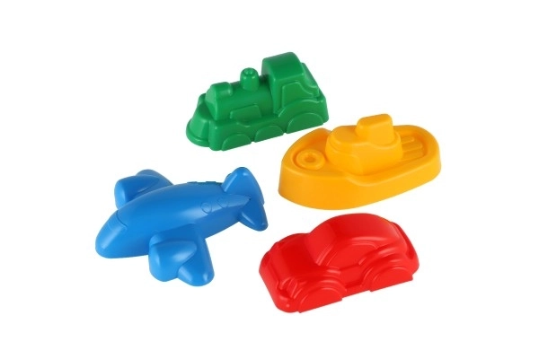 Moules Gâteaux de Sable 4pcs plastique véhicules dans un filet 12m+