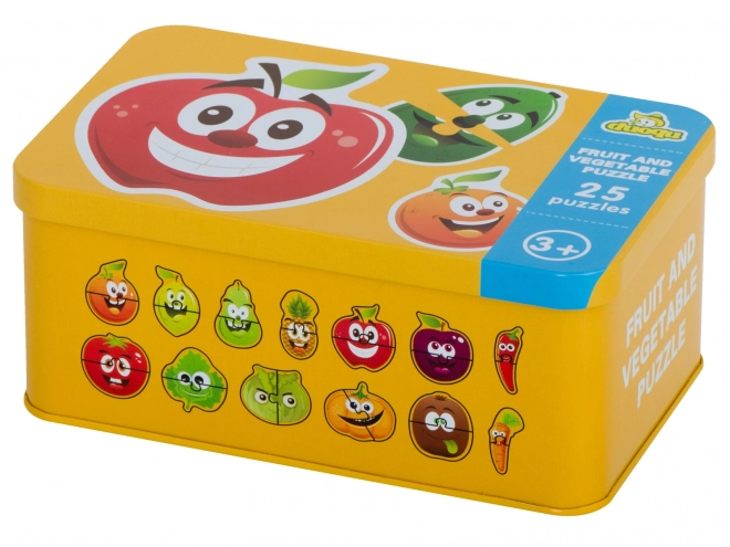 Puzzle avec des motifs de fruits et légumes dans une boîte en étain