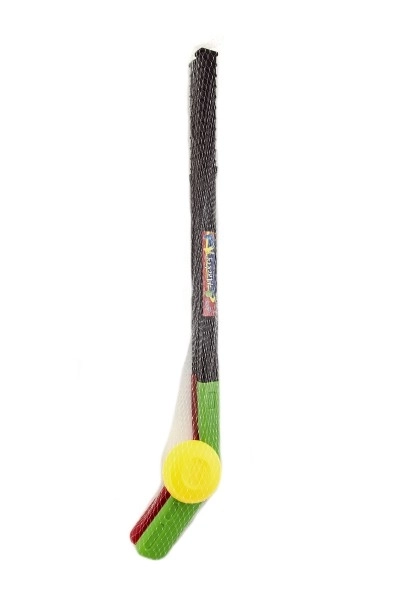 2 bâtons de hockey avec palet en plastique 70cm dans un filet